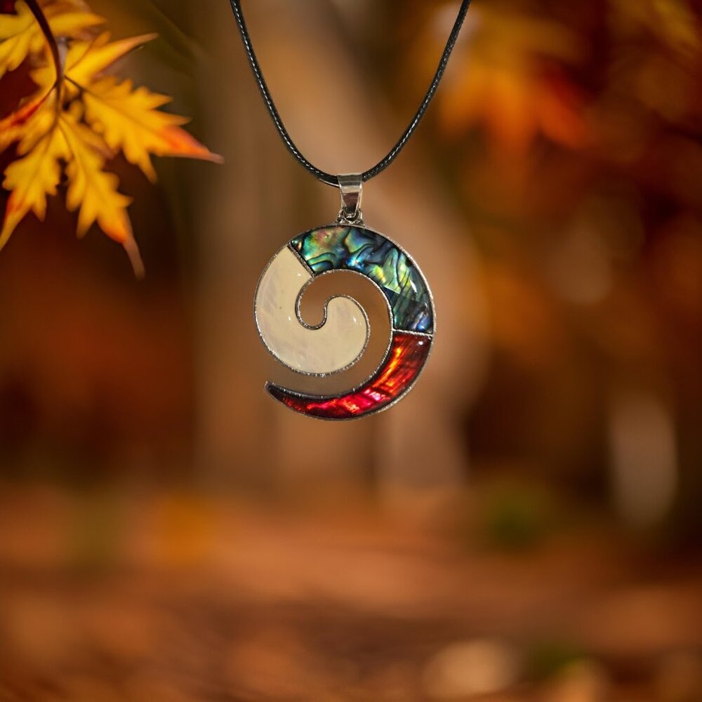 Abalone Swirl pendant on black thong Necklace  18 inches